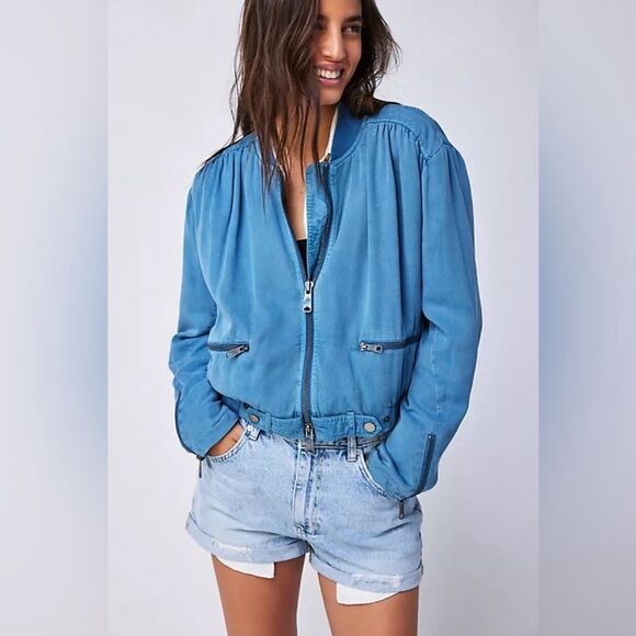 We The Free People Knockout Siren Bomber Jacket Blue - Picture 2 of 13